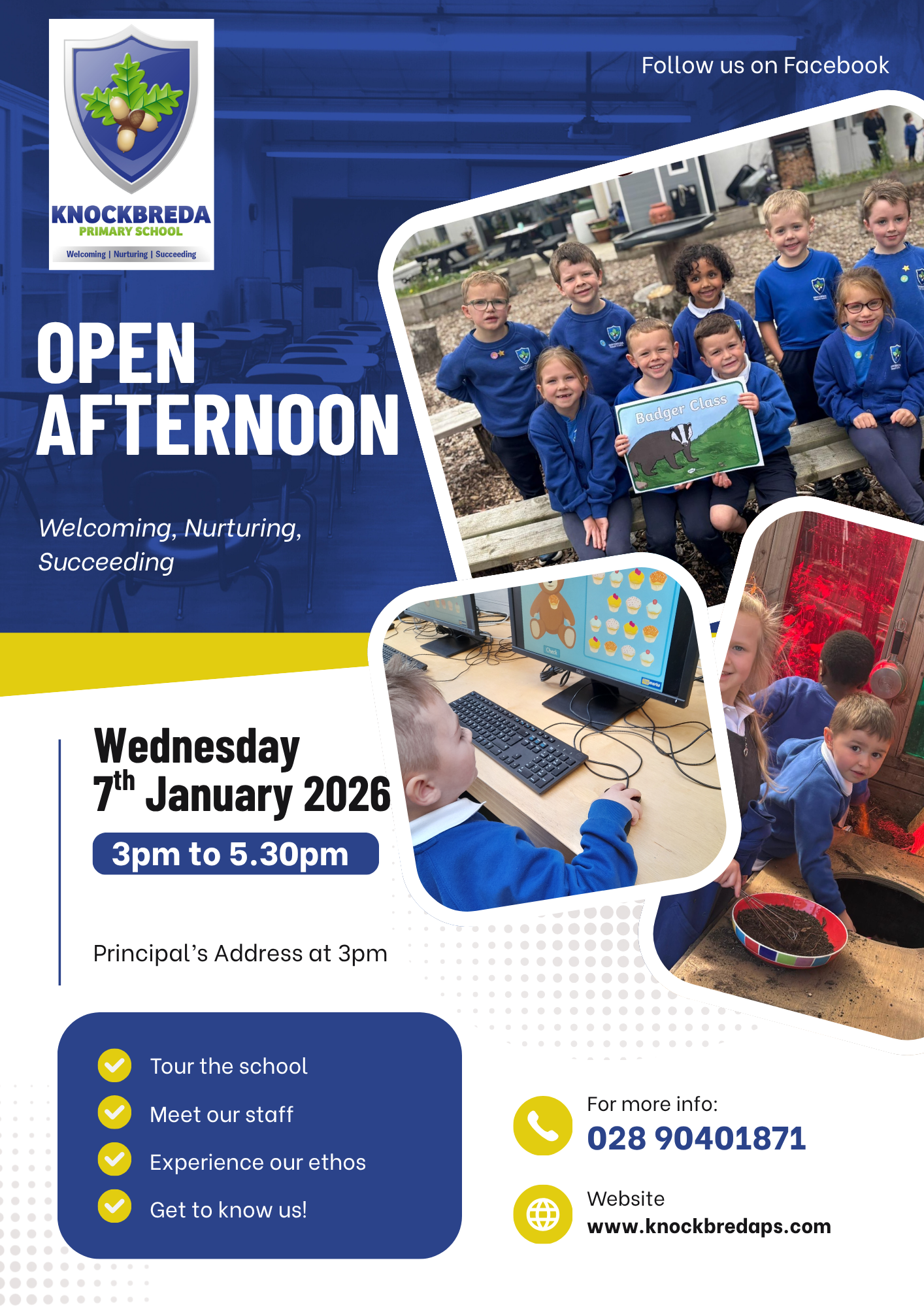 Open Afternoon on Wednesday 7th January 3pm to 5:30pm, begins with Principal's Address at 3pm